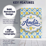 Personalised Name Blue and Yellow Mediterranean Tile Pattern with Stylish Home Interior Canvas Wall Art Print Decor Picture Ready to Hang