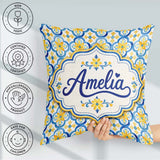 Custom Name Blue and Yellow Tile Pattern with Floral Motifs Square Filled Cushion Throw Pillow Sofa Bed Home Decor Zip Washable UK Made