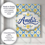 Personalised Name Blue and Yellow Mediterranean Tile Pattern with Stylish Home Interior Canvas Wall Art Print Decor Picture Ready to Hang