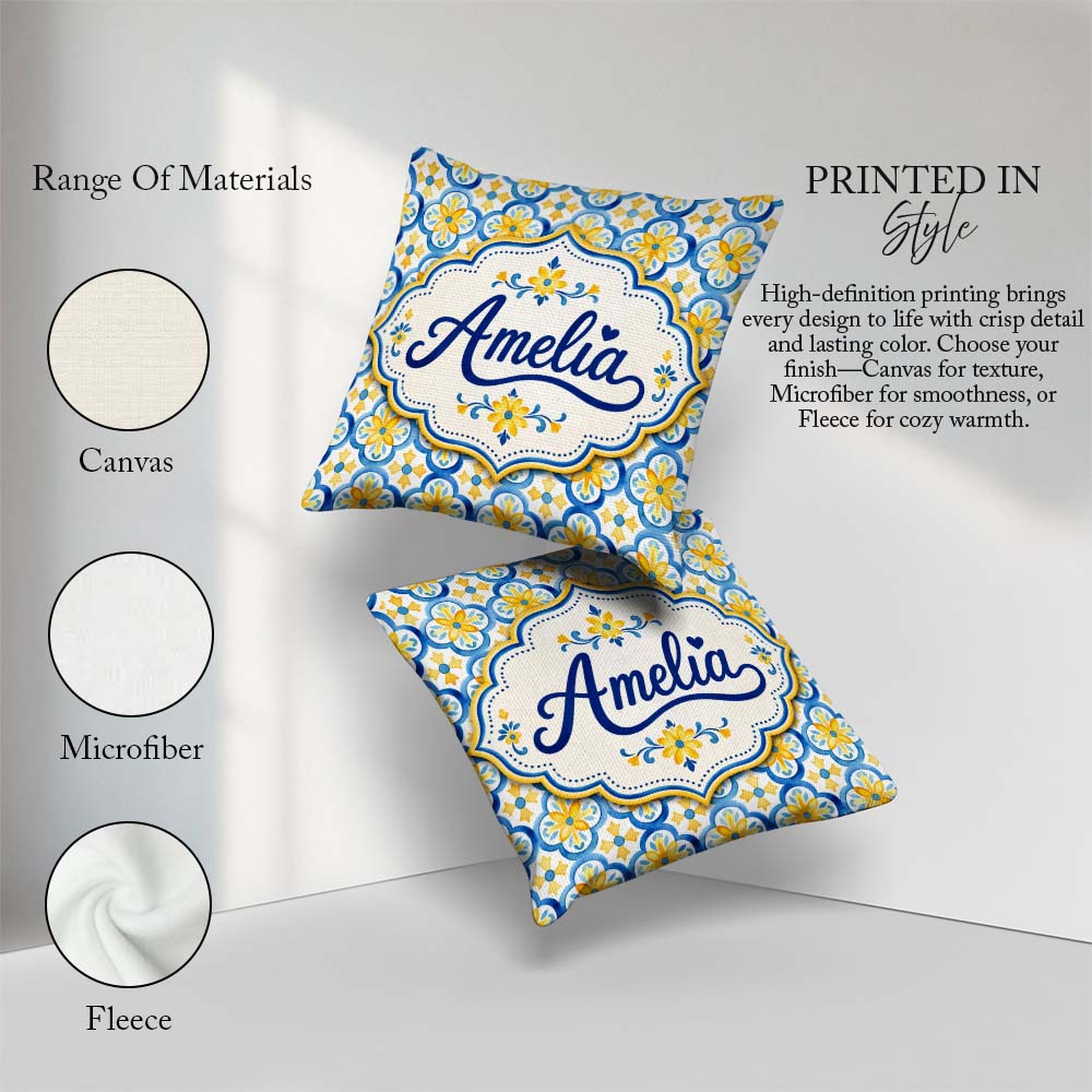 Custom Name Blue and Yellow Tile Pattern with Floral Motifs Square Filled Cushion Throw Pillow Sofa Bed Home Decor Zip Washable UK Made