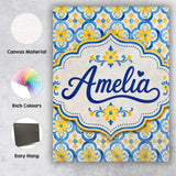 Personalised Name Blue and Yellow Mediterranean Tile Pattern with Stylish Home Interior Canvas Wall Art Print Decor Picture Ready to Hang