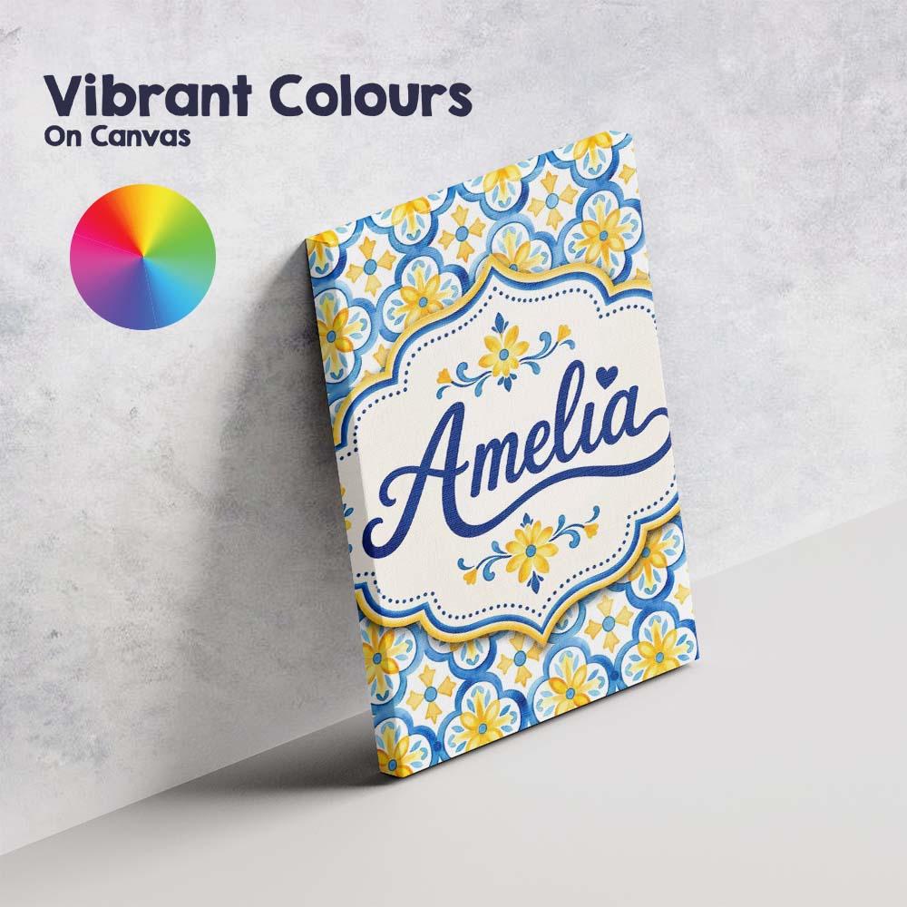Personalised Name Blue and Yellow Mediterranean Tile Pattern with Stylish Home Interior Canvas Wall Art Print Decor Picture Ready to Hang