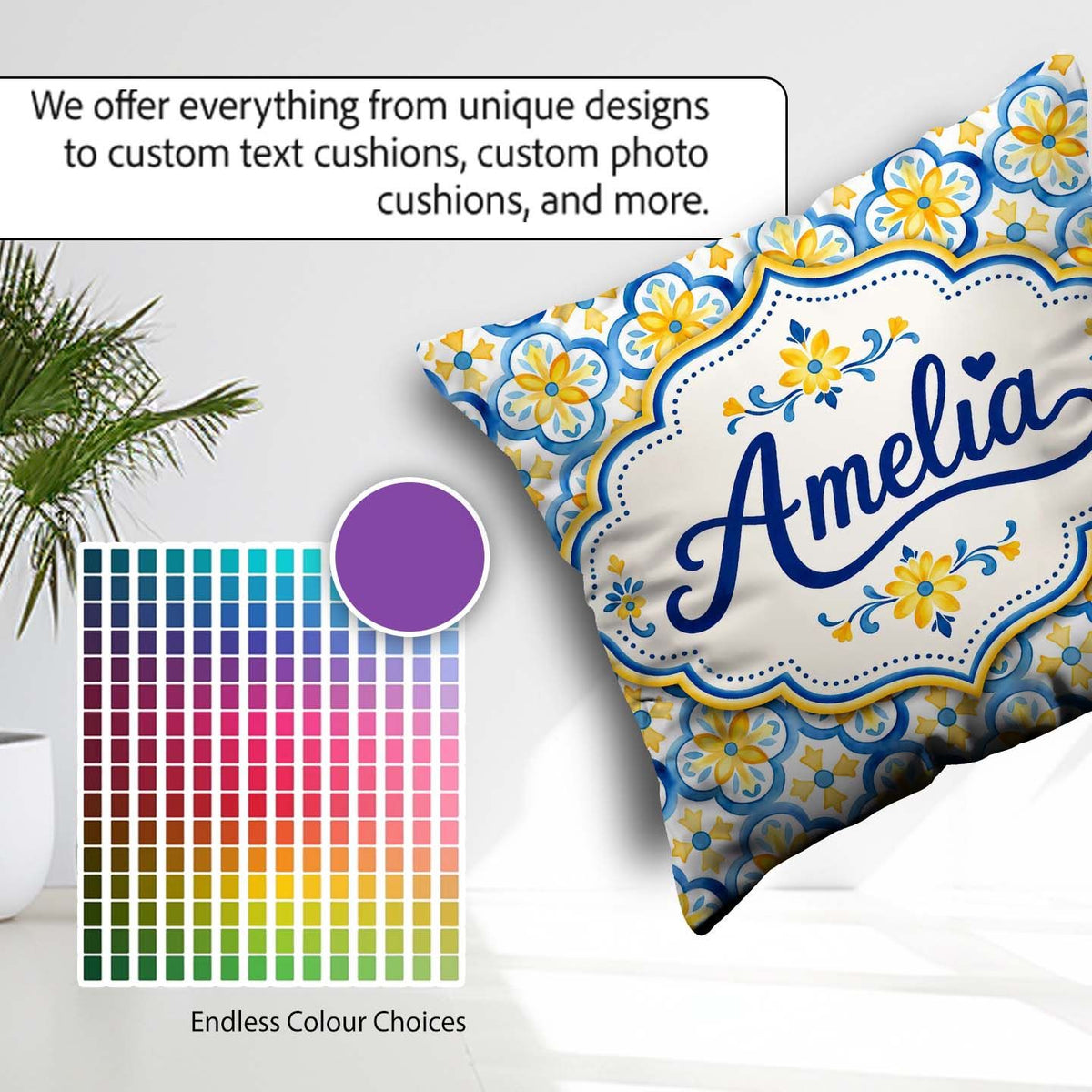 Custom Name Blue and Yellow Tile Pattern with Floral Motifs Square Filled Cushion Throw Pillow Sofa Bed Home Decor Zip Washable UK Made