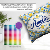 Custom Name Blue and Yellow Tile Pattern with Floral Motifs Square Filled Cushion Throw Pillow Sofa Bed Home Decor Zip Washable UK Made