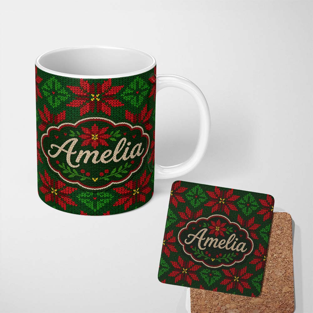 Personalized Custom Name Festive Holly Leaf Berry Knit Pattern Green Red Christmas Seamless 11oz Ceramic Coffee Tea Mug White Large Handle