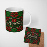 Personalized Custom Name Festive Holly Leaf Berry Knit Pattern Green Red Christmas Seamless 11oz Ceramic Coffee Tea Mug White Large Handle