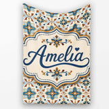 Vintage Blue and Terracotta Ornamental Tile Pattern on Cream Lovely  Personalised Custom Name Super Soft Fleece Blanket Bed Sofa Throw
