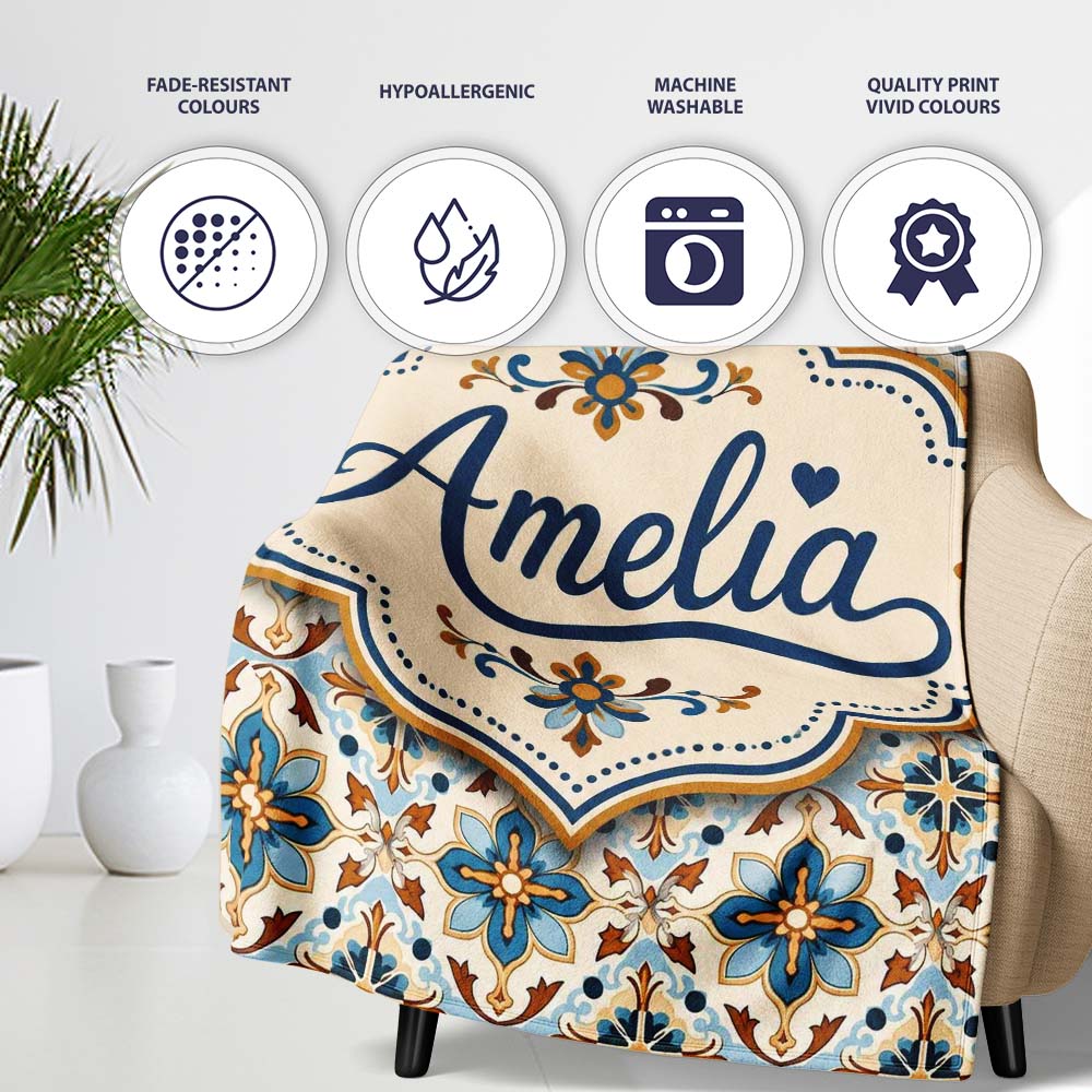 Vintage Blue and Terracotta Ornamental Tile Pattern on Cream Lovely  Personalised Custom Name Super Soft Fleece Blanket Bed Sofa Throw