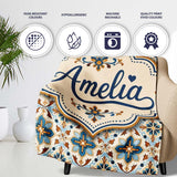 Vintage Blue and Terracotta Ornamental Tile Pattern on Cream Lovely  Personalised Custom Name Super Soft Fleece Blanket Bed Sofa Throw