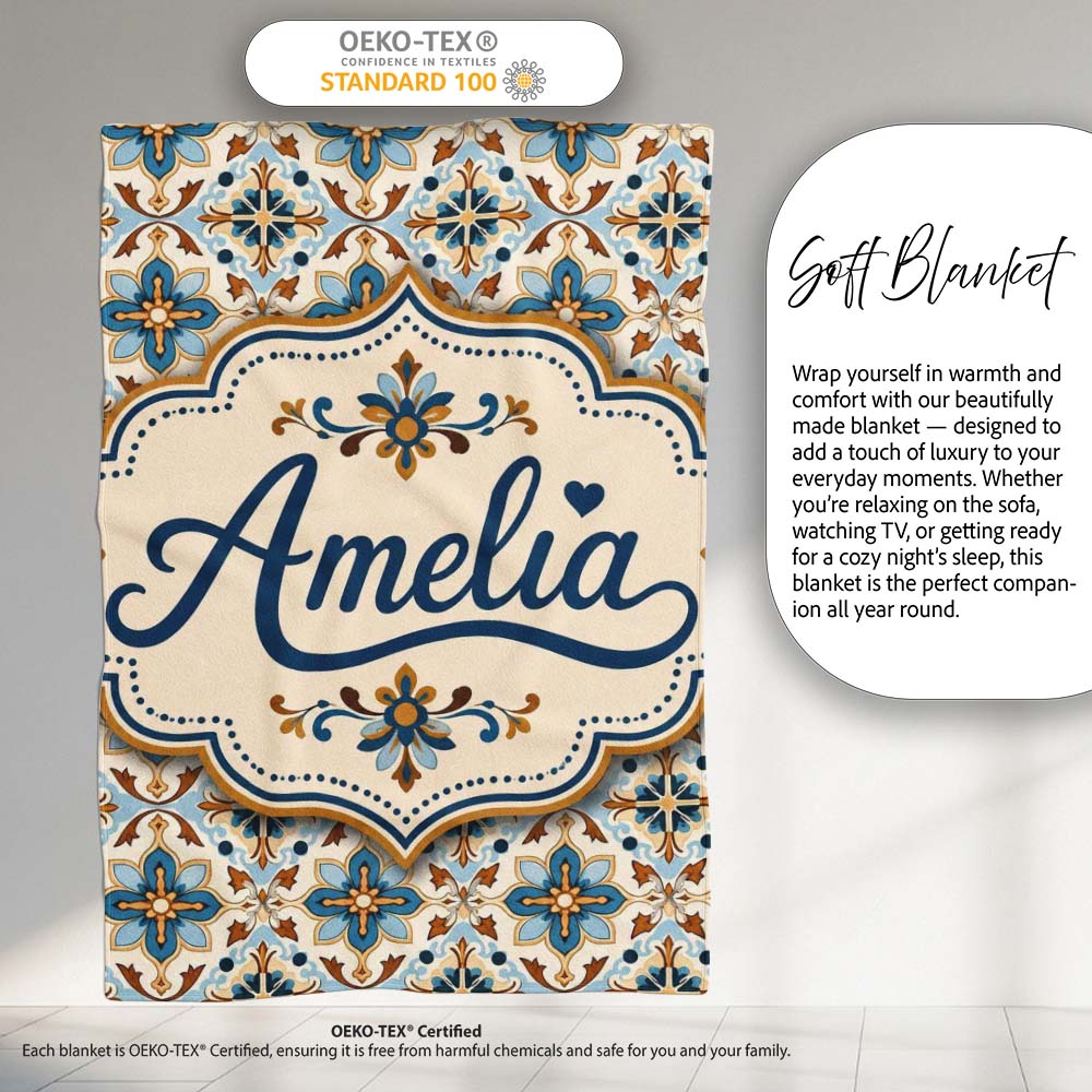 Vintage Blue and Terracotta Ornamental Tile Pattern on Cream Lovely  Personalised Custom Name Super Soft Fleece Blanket Bed Sofa Throw