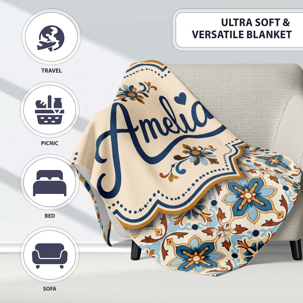 Vintage Blue and Terracotta Ornamental Tile Pattern on Cream Lovely  Personalised Custom Name Super Soft Fleece Blanket Bed Sofa Throw