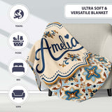 Vintage Blue and Terracotta Ornamental Tile Pattern on Cream Lovely  Personalised Custom Name Super Soft Fleece Blanket Bed Sofa Throw