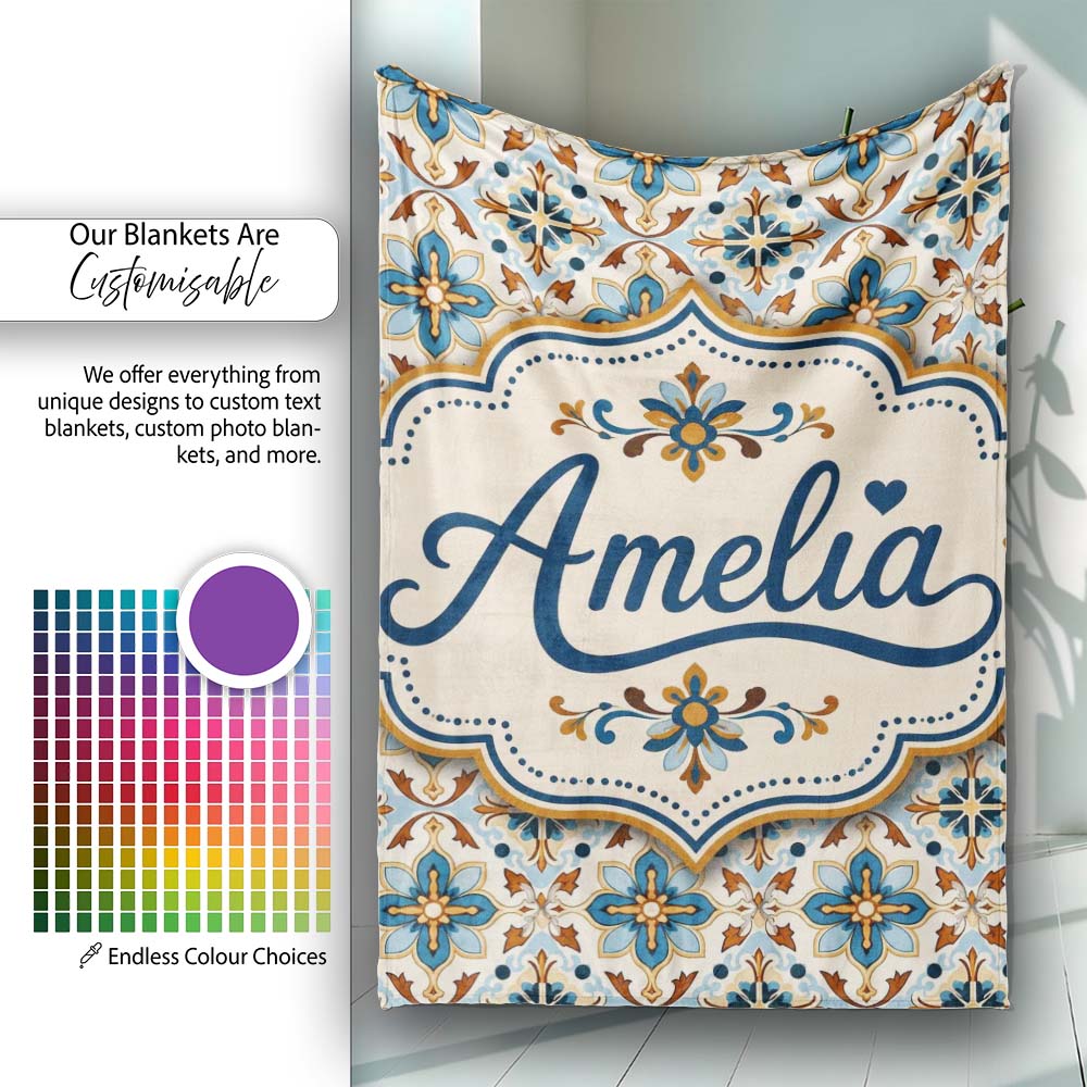 Vintage Blue and Terracotta Ornamental Tile Pattern on Cream Lovely  Personalised Custom Name Super Soft Fleece Blanket Bed Sofa Throw