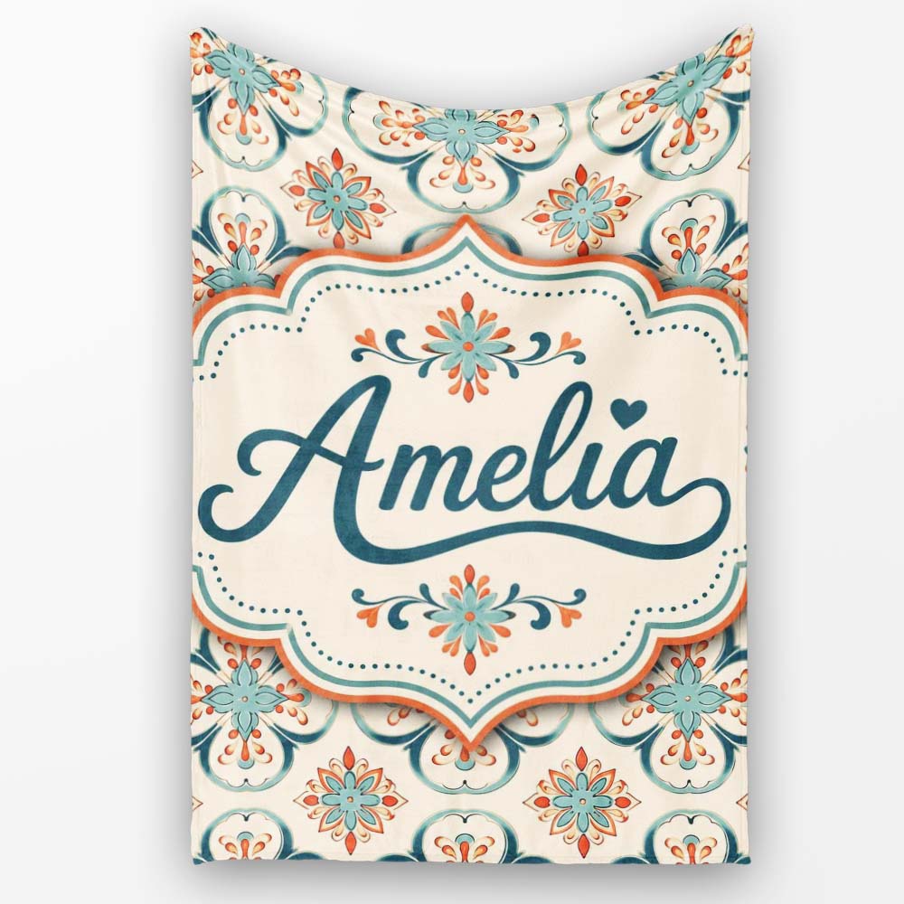 Soft Teal Floral Tile Pattern with Coral Accents on Neutral Lovely  Personalised Custom Name Super Soft Fleece Blanket Bed Sofa Throw