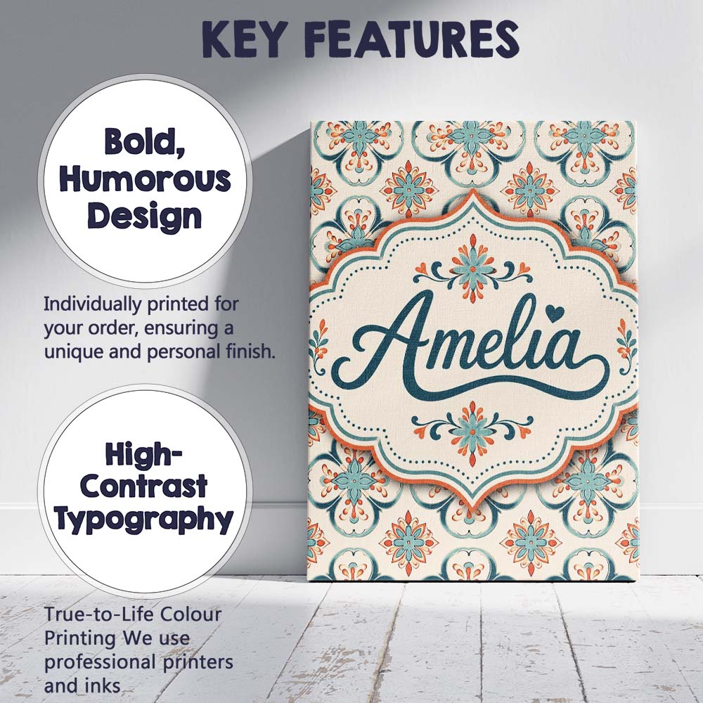 Personalised Name Soft Teal Floral Tile Custom  Modern Room Accent Elegant Feature Canvas Wall Art Print Decor Picture Ready to Hang