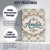 Personalised Name Soft Teal Floral Tile Custom  Modern Room Accent Elegant Feature Canvas Wall Art Print Decor Picture Ready to Hang