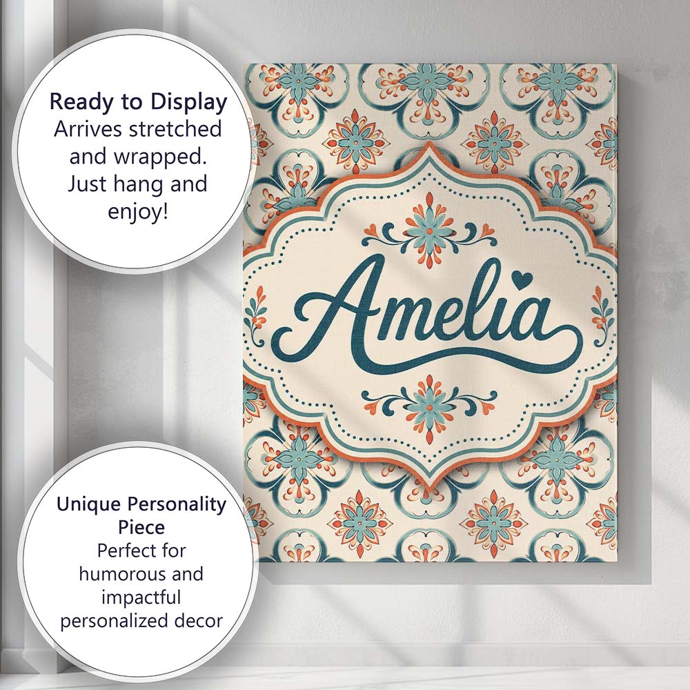 Personalised Name Soft Teal Floral Tile Custom  Modern Room Accent Elegant Feature Canvas Wall Art Print Decor Picture Ready to Hang