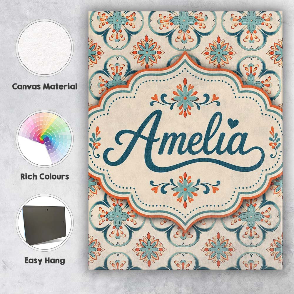 Personalised Name Soft Teal Floral Tile Custom  Modern Room Accent Elegant Feature Canvas Wall Art Print Decor Picture Ready to Hang
