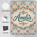 Personalised Name Soft Teal Floral Tile Custom  Modern Room Accent Elegant Feature Canvas Wall Art Print Decor Picture Ready to Hang