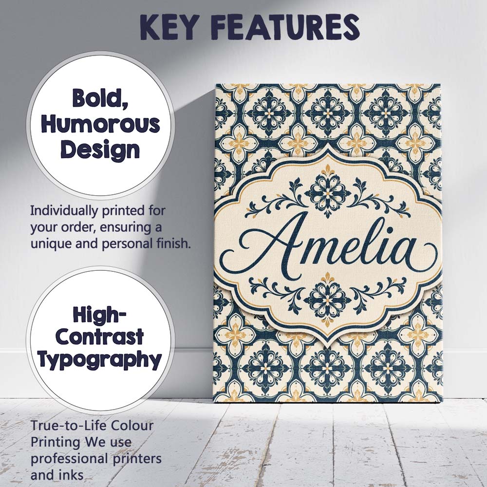 Personalised Name Classic Navy and Beige Custom  Unique Gift Idea Elegant Feature Canvas Wall Art Print Decor Picture Ready to Hang