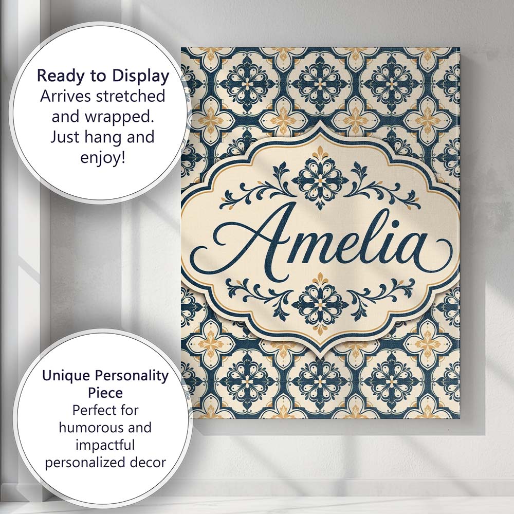 Personalised Name Classic Navy and Beige Custom  Unique Gift Idea Elegant Feature Canvas Wall Art Print Decor Picture Ready to Hang