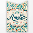 Teal and Coral Geometric Floral Tile Pattern on Warm Cream Lovely  Personalised Custom Name Super Soft Fleece Blanket Bed Sofa Throw