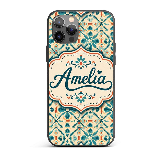 Teal and Coral Geometric Floral Tile Pattern on Custom Name Protective Phone Case Mobile Cover Durable Everyday Smartphone Shock Resistant