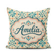 Custom Name Teal and Coral Geometric Floral Tile Pattern on Warm Square Filled Cushion Throw Pillow Sofa Bed Home Decor Zip Washable UK Made