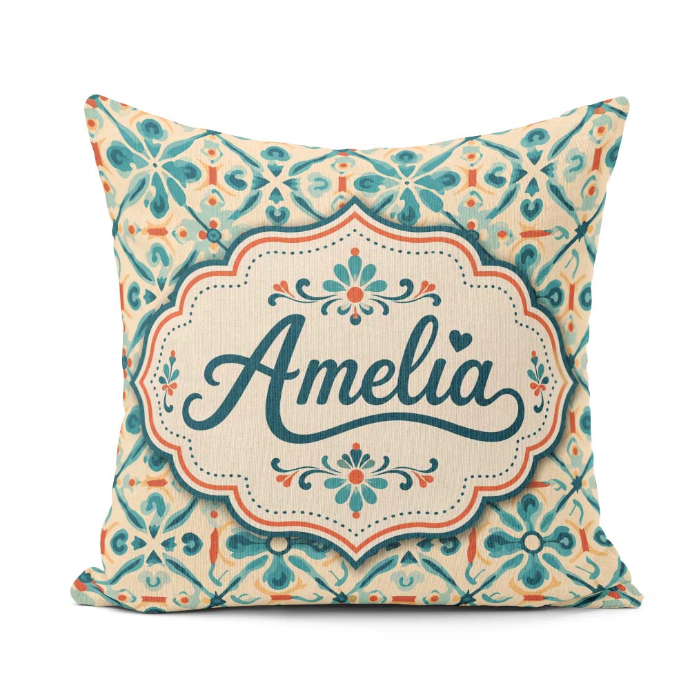 Custom Name Teal and Coral Geometric Floral Tile Pattern on Warm Square Filled Cushion Throw Pillow Sofa Bed Home Decor Zip Washable UK Made