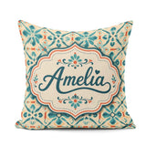 Custom Name Teal and Coral Geometric Floral Tile Pattern on Warm Square Filled Cushion Throw Pillow Sofa Bed Home Decor Zip Washable UK Made