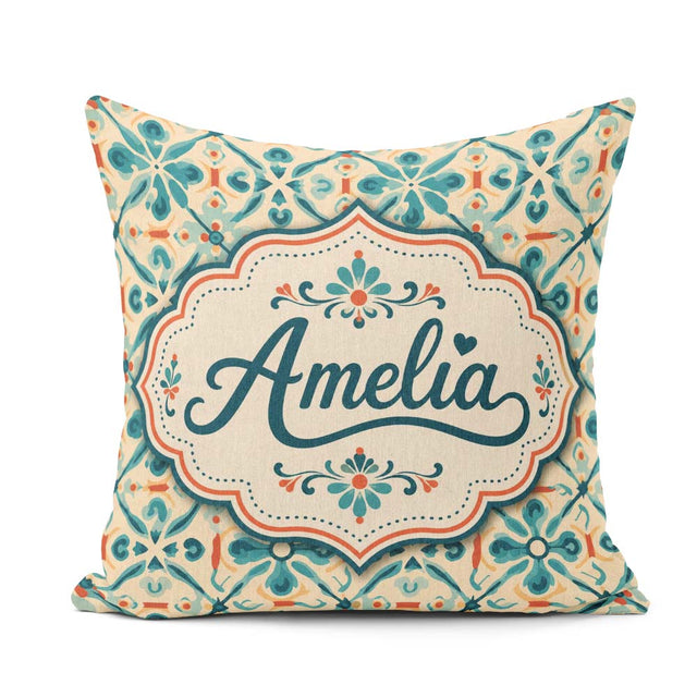 Custom Name Teal and Coral Geometric Floral Tile Pattern on Warm Square Filled Cushion Throw Pillow Sofa Bed Home Decor Zip Washable UK Made