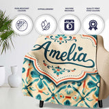 Teal and Coral Geometric Floral Tile Pattern on Warm Cream Lovely  Personalised Custom Name Super Soft Fleece Blanket Bed Sofa Throw