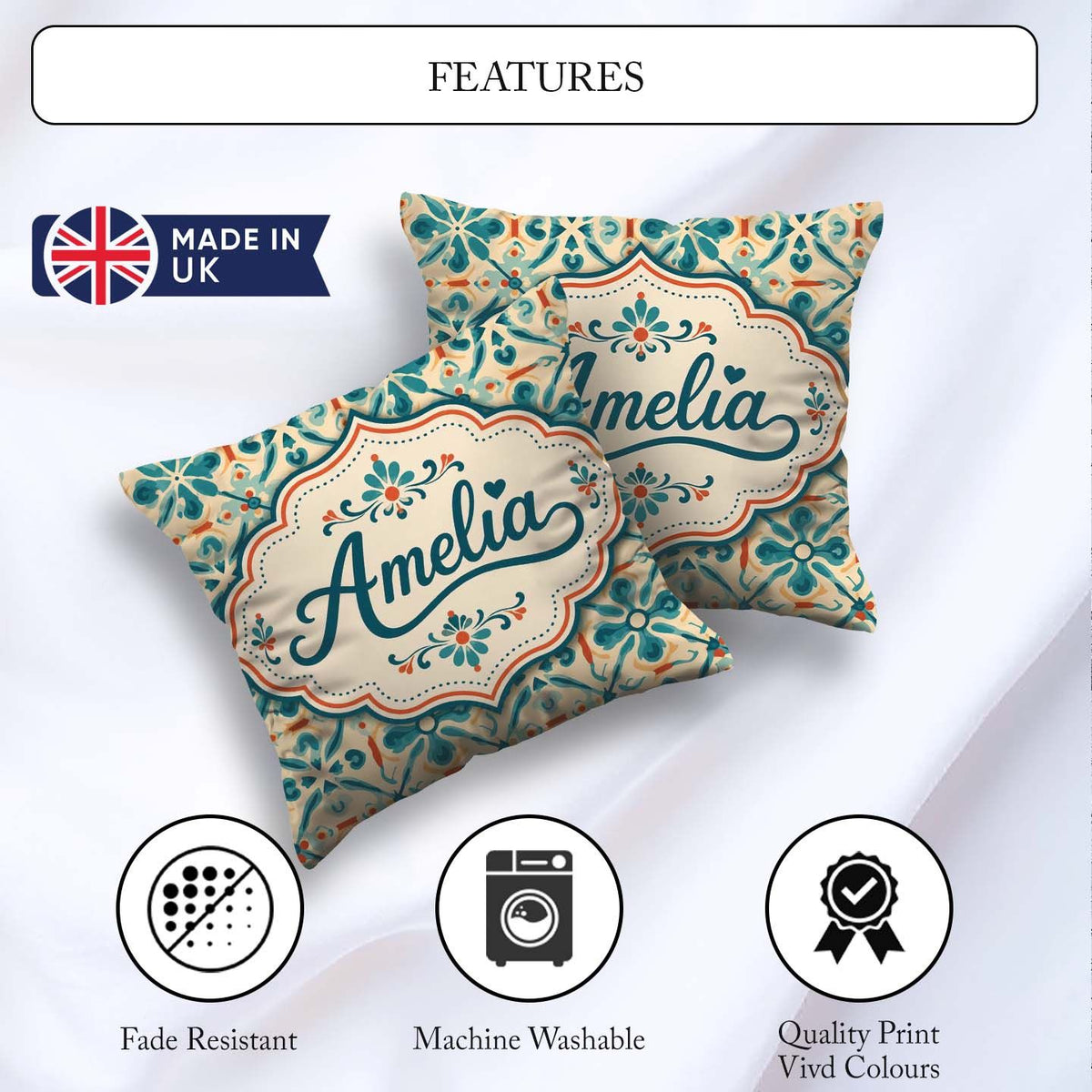 Custom Name Teal and Coral Geometric Floral Tile Pattern on Warm Square Filled Cushion Throw Pillow Sofa Bed Home Decor Zip Washable UK Made