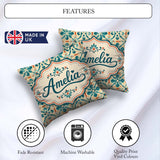 Custom Name Teal and Coral Geometric Floral Tile Pattern on Warm Square Filled Cushion Throw Pillow Sofa Bed Home Decor Zip Washable UK Made