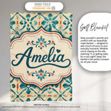 Teal and Coral Geometric Floral Tile Pattern on Warm Cream Lovely  Personalised Custom Name Super Soft Fleece Blanket Bed Sofa Throw