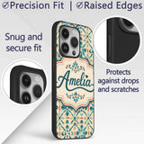 Teal and Coral Geometric Floral Tile Pattern on Custom Name Protective Phone Case Mobile Cover Durable Everyday Smartphone Shock Resistant
