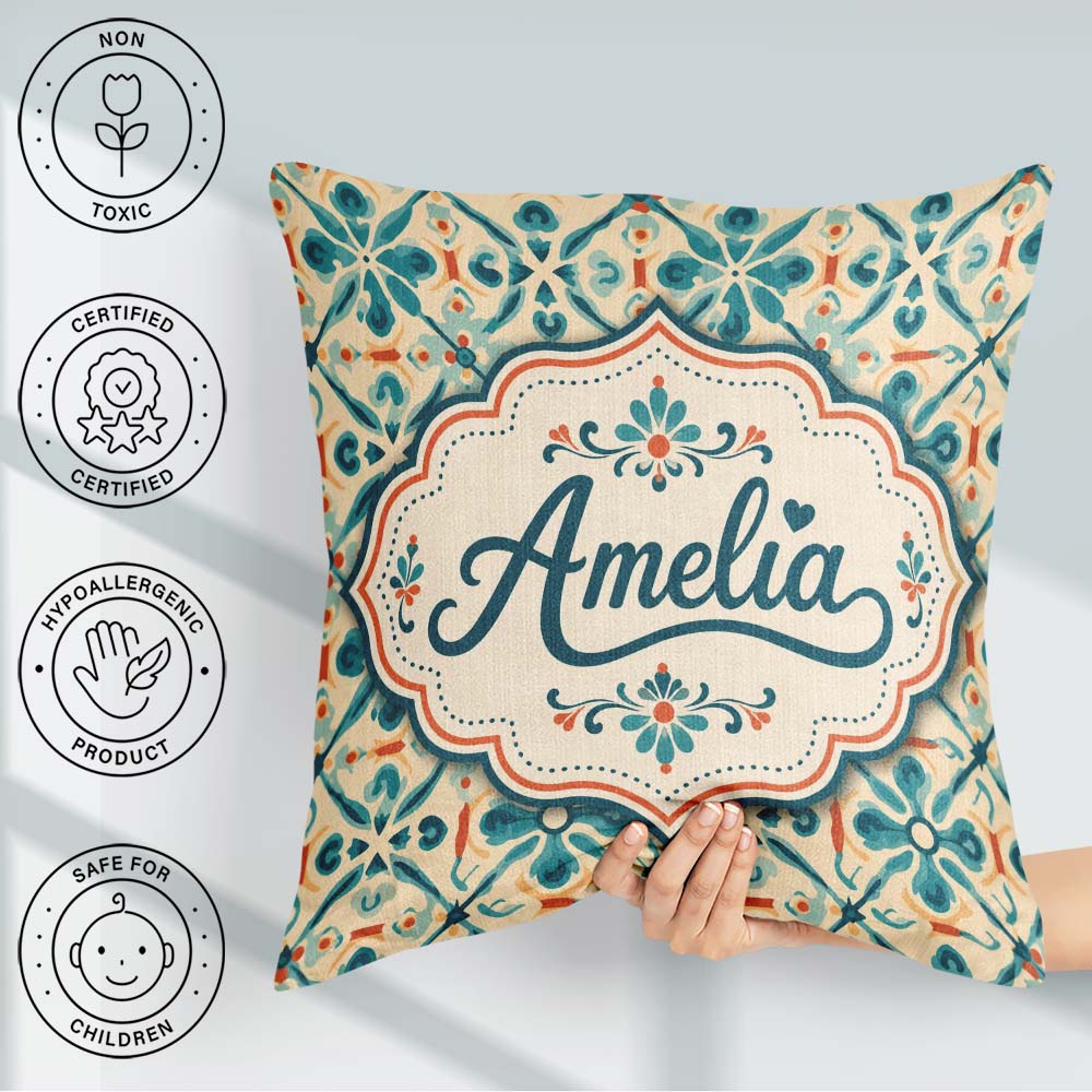 Custom Name Teal and Coral Geometric Floral Tile Pattern on Warm Square Filled Cushion Throw Pillow Sofa Bed Home Decor Zip Washable UK Made
