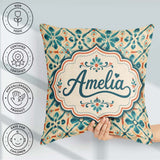 Custom Name Teal and Coral Geometric Floral Tile Pattern on Warm Square Filled Cushion Throw Pillow Sofa Bed Home Decor Zip Washable UK Made