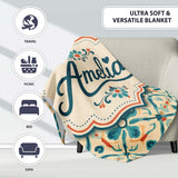Teal and Coral Geometric Floral Tile Pattern on Warm Cream Lovely  Personalised Custom Name Super Soft Fleece Blanket Bed Sofa Throw