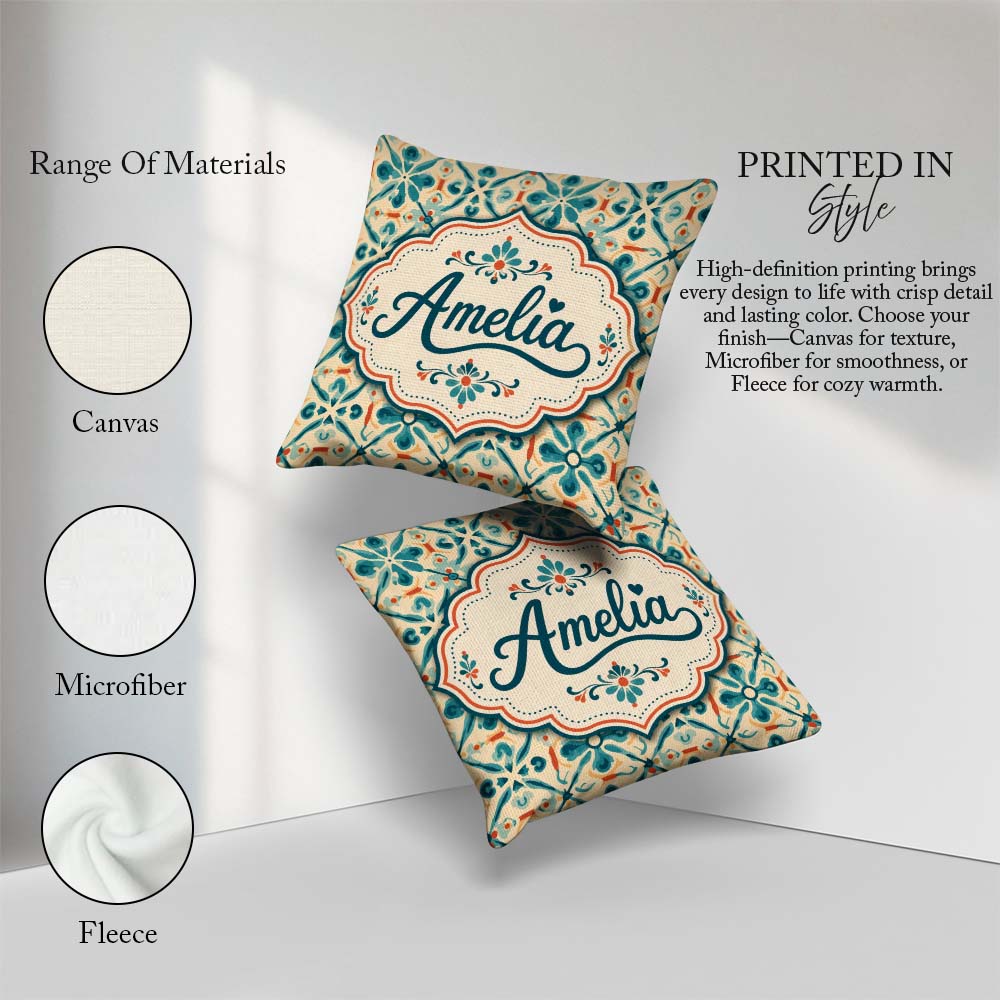 Custom Name Teal and Coral Geometric Floral Tile Pattern on Warm Square Filled Cushion Throw Pillow Sofa Bed Home Decor Zip Washable UK Made