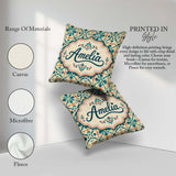 Custom Name Teal and Coral Geometric Floral Tile Pattern on Warm Square Filled Cushion Throw Pillow Sofa Bed Home Decor Zip Washable UK Made