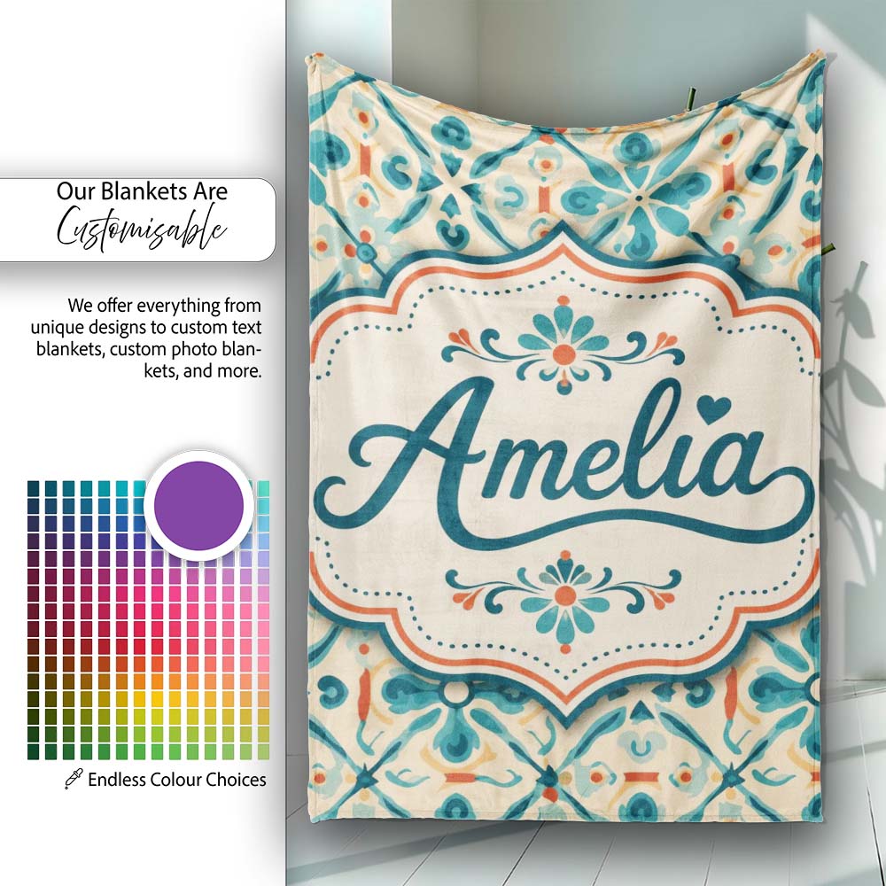 Teal and Coral Geometric Floral Tile Pattern on Warm Cream Lovely  Personalised Custom Name Super Soft Fleece Blanket Bed Sofa Throw