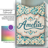 Teal and Coral Geometric Floral Tile Pattern on Warm Cream Lovely  Personalised Custom Name Super Soft Fleece Blanket Bed Sofa Throw