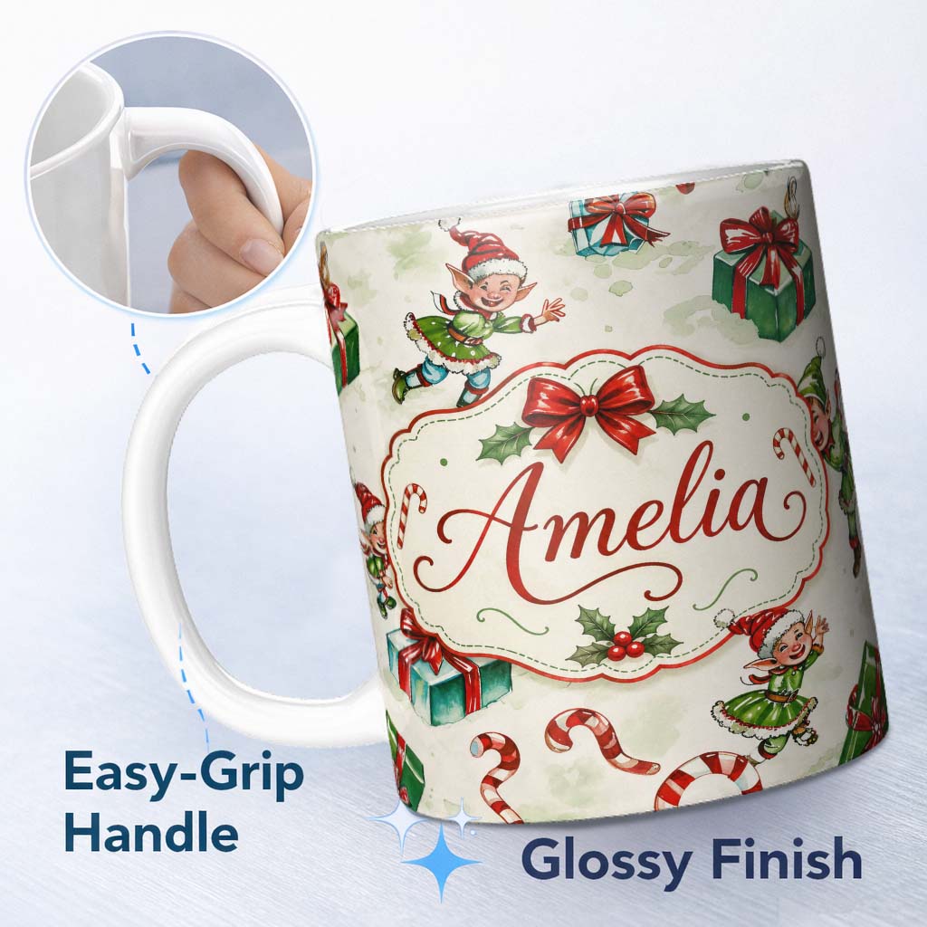 Personalized Custom Name Cute Christmas Elf Gift Candy Cane Festive Seamless Pattern Lovely 11oz Ceramic Coffee Tea Mug White Large Handle
