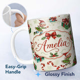 Personalized Custom Name Cute Christmas Elf Gift Candy Cane Festive Seamless Pattern Lovely 11oz Ceramic Coffee Tea Mug White Large Handle
