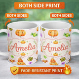 Personalized Custom Name Cute Halloween Pumpkin Candy Characters Pastel Background Seamless 11oz Ceramic Coffee Tea Mug White Large Handle