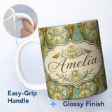 Personalized Custom Name Art Nouveau Lily Flowers with Moths Decorative Seamless Pattern 11oz Ceramic Coffee Tea Mug White Large Handle