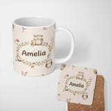 Personalized Custom Name Cute Woodland Owls Mushrooms and Leaves Soft Cream Background Lovely 11oz Ceramic Coffee Tea Mug White Large Handle