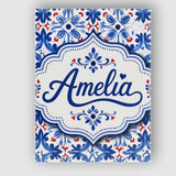 Personalised Name Classic Blue Floral Custom Modern Room Accent Creative Decorator Style Canvas Wall Art Print Decor Picture Ready to Hang