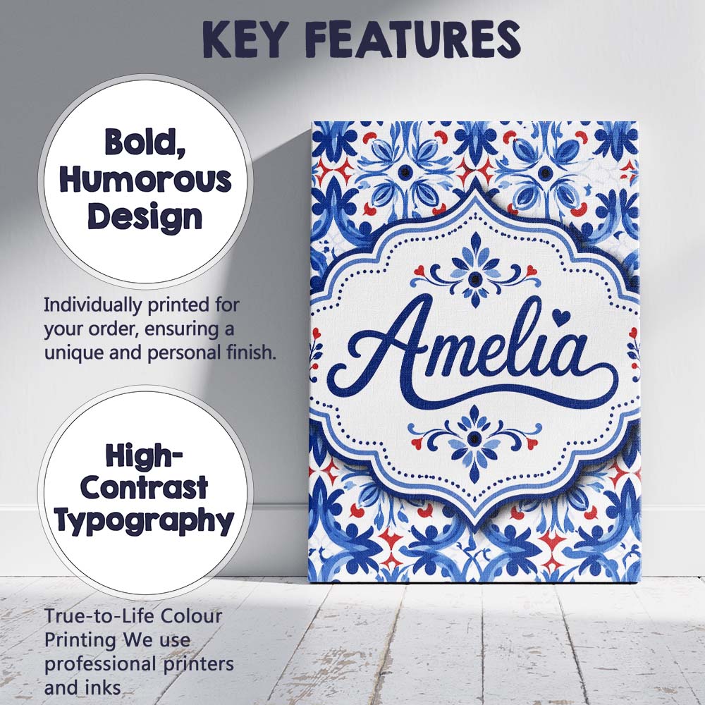 Personalised Name Classic Blue Floral Custom Modern Room Accent Creative Decorator Style Canvas Wall Art Print Decor Picture Ready to Hang